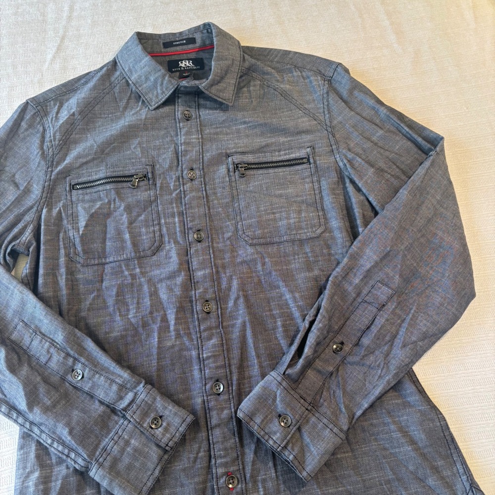 Rock & Republic Mens Small Gray Long Sleeve Zipper Pocket Stretch Button Down